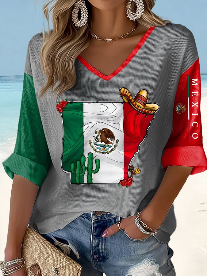 Women's Casual Printed Waffle Top