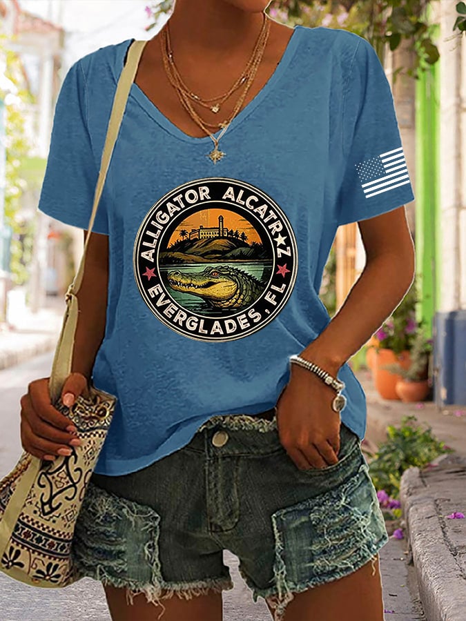 Women's Alligator Alcatraz Funny Florida Everglades Dark Humor Print V Neck Casual T-Shirt