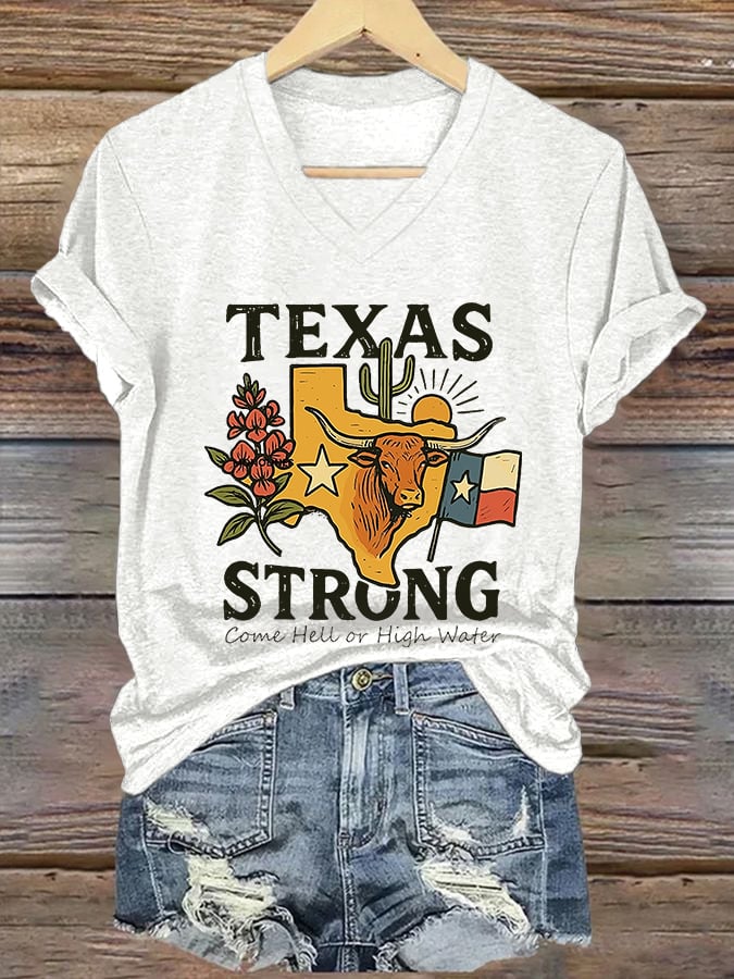 V-Neck Retro Texas Strong Come Hell Or High Water Print T-Shirt