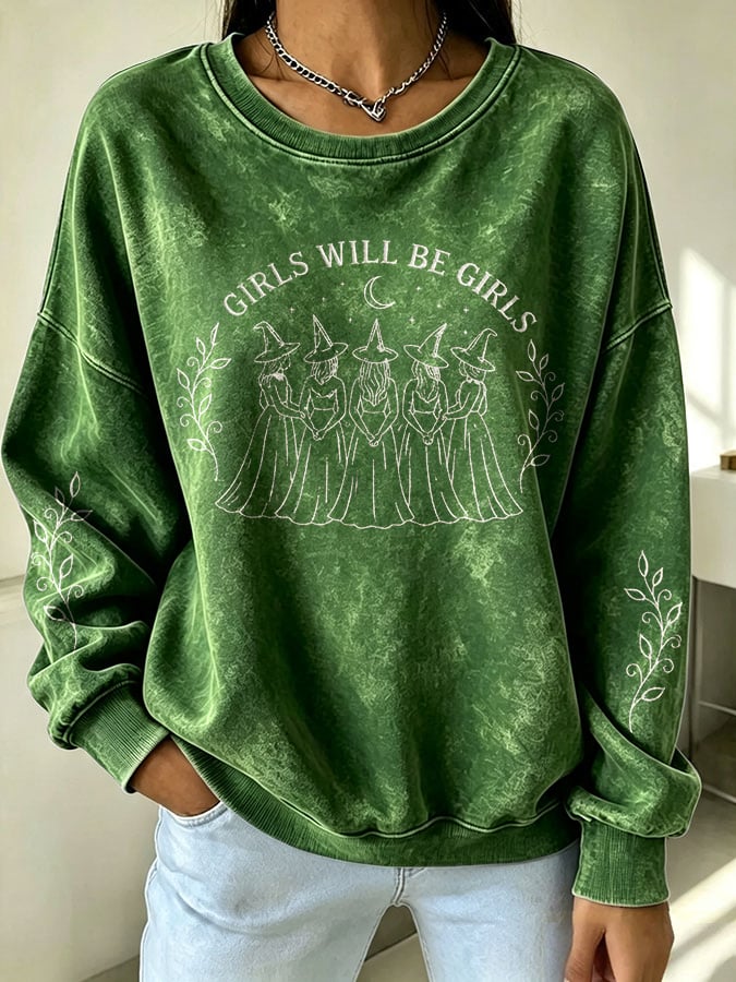 Women's Halloween Girls Will Be Girls Witch Print Sweatshirt