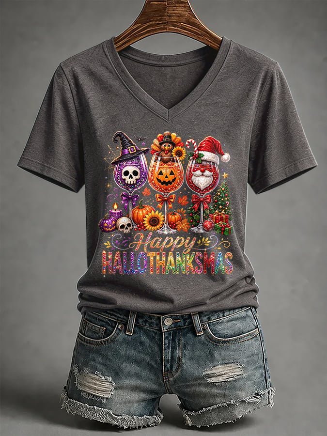 🔥🔥2nd 50% Off 🔥🔥V-Neck Retro Happy Hallothanksmas Halloween Thanksgiving Christmas  Red Wine Glass Skull Turkey Santa Claus Print T-Shirt