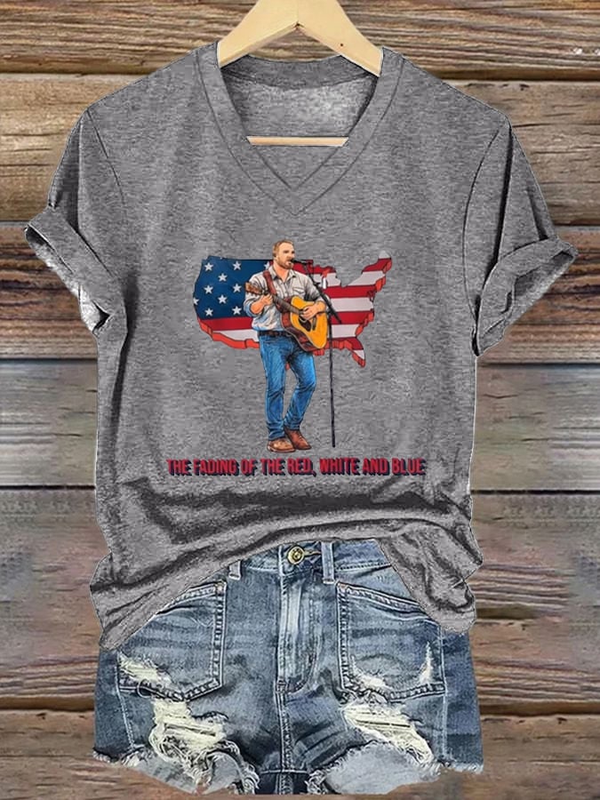 V-Neck The Fading of the Red White and Blue Print T-Shirt
