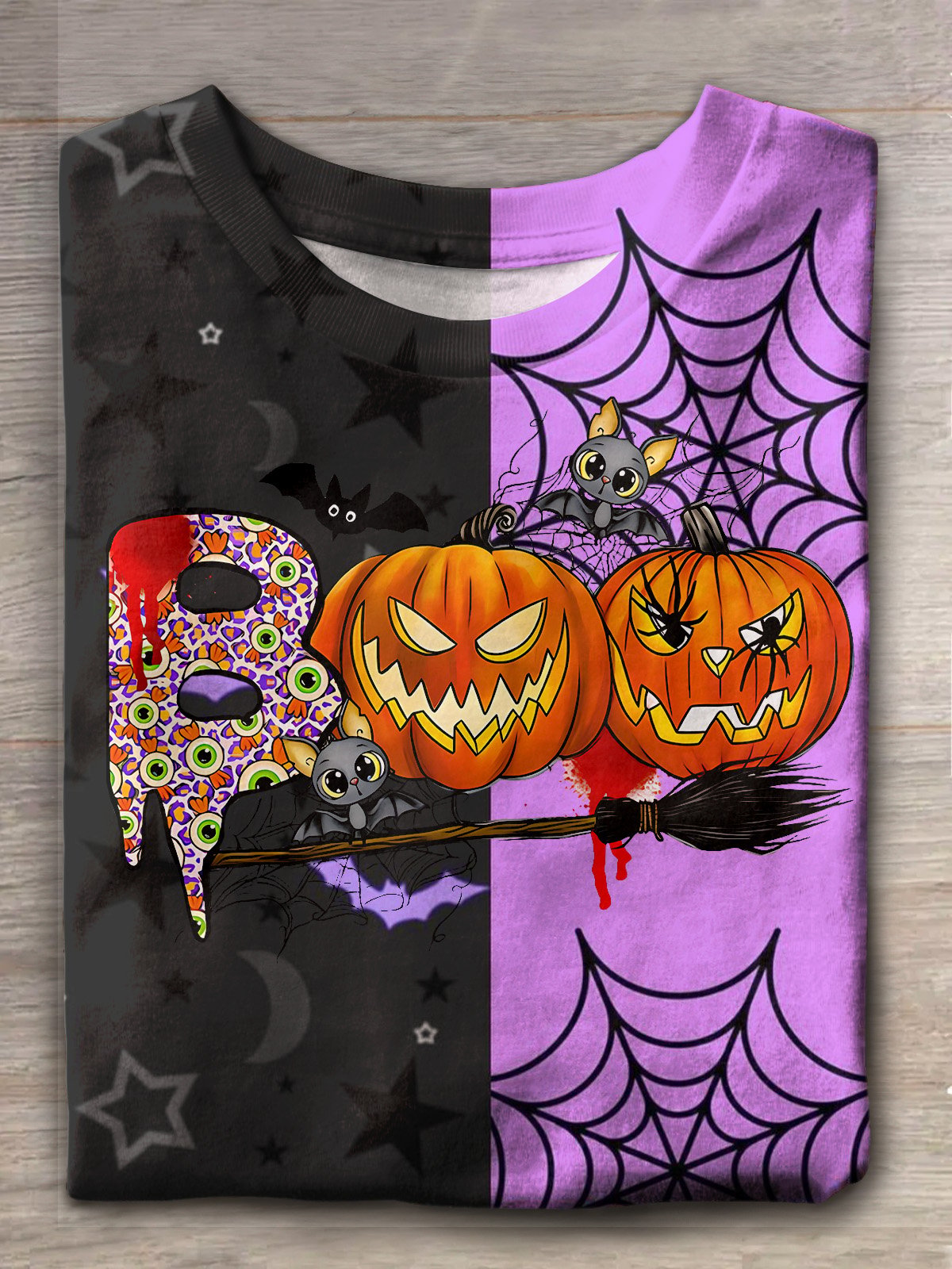 Halloween Pumpkin Bat Spider Web Print T - Shirt - Spooky, Casual, Graphic Short Sleeve Tee