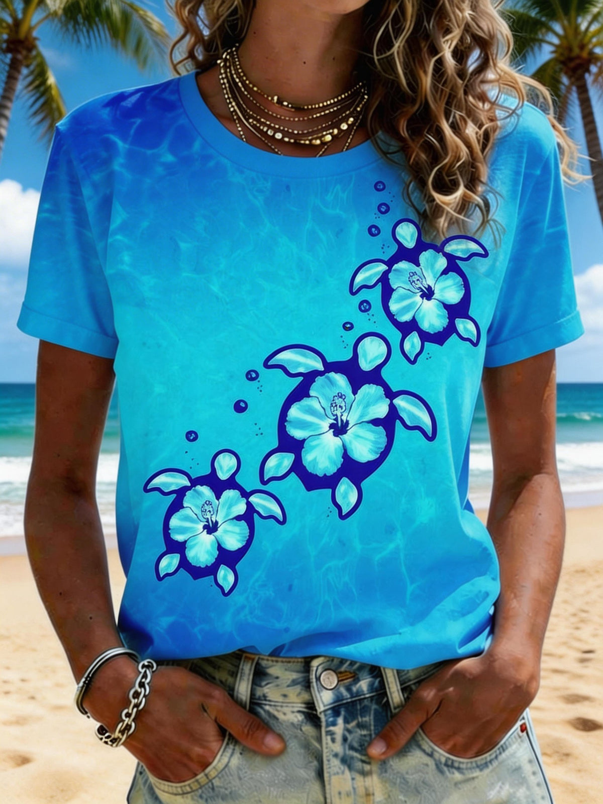 Retro 3 Blue Honu Turtles Print T-Shirt