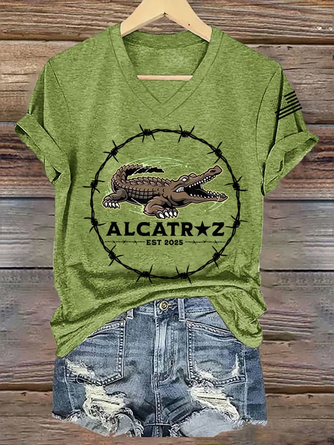 Women's Retro Alligator Alcatraz Funny Florida Everglades Dark Humor Printed Short-Sleeved T-Shirt