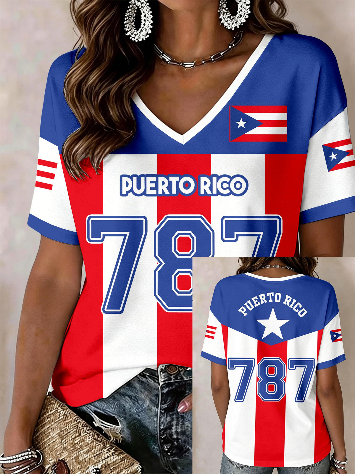 Women's Puerto Rico Printed V-Neck T-shirts