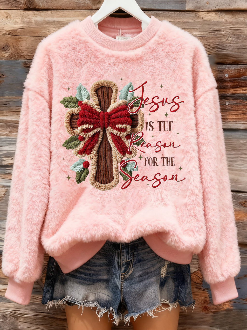 Women's Winter Christmas Cross Print Flannel Crew Neck Furry Top