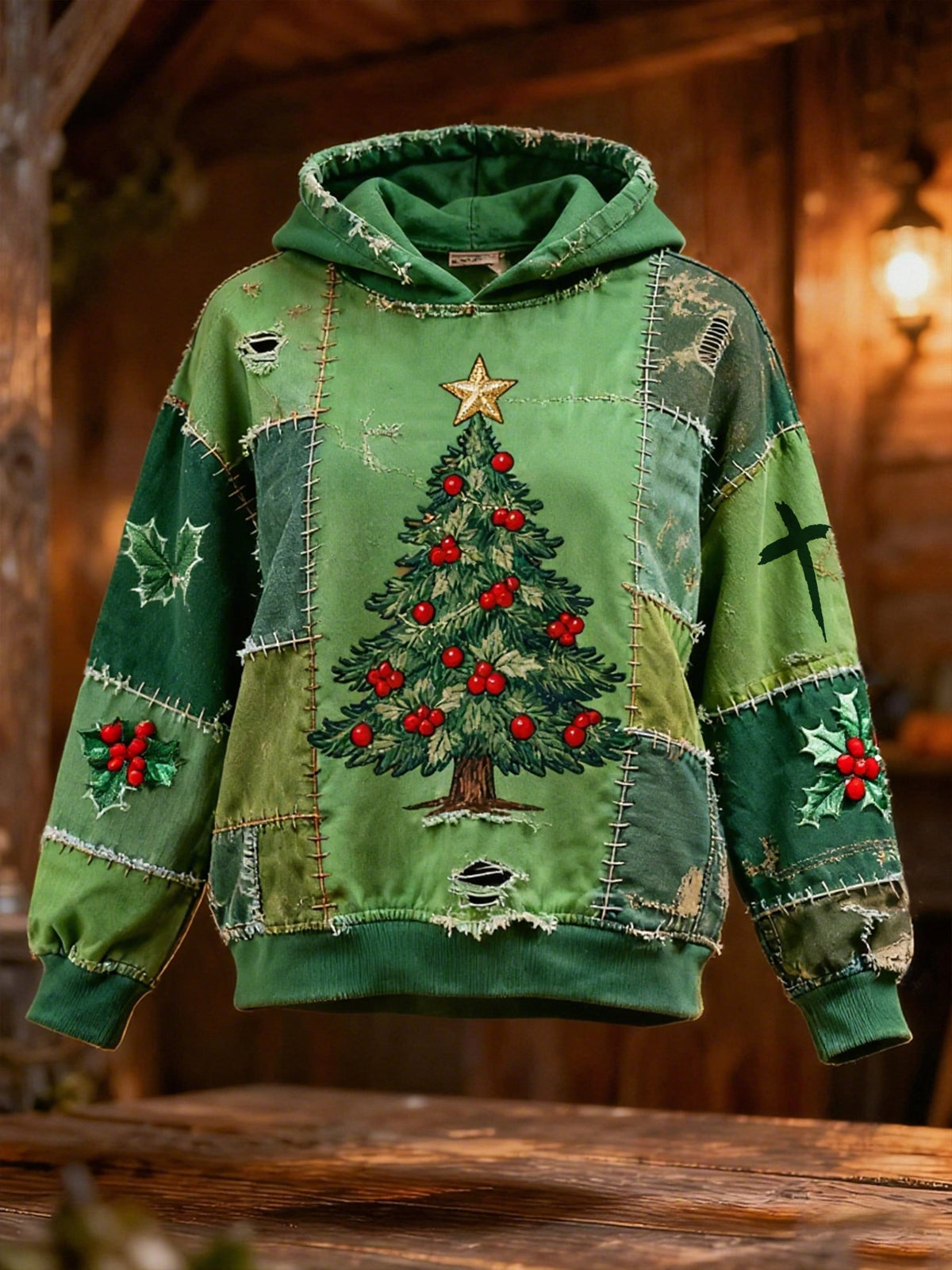 Women's Winter Contrast Color Christmas Tree Print Crew Neck Top