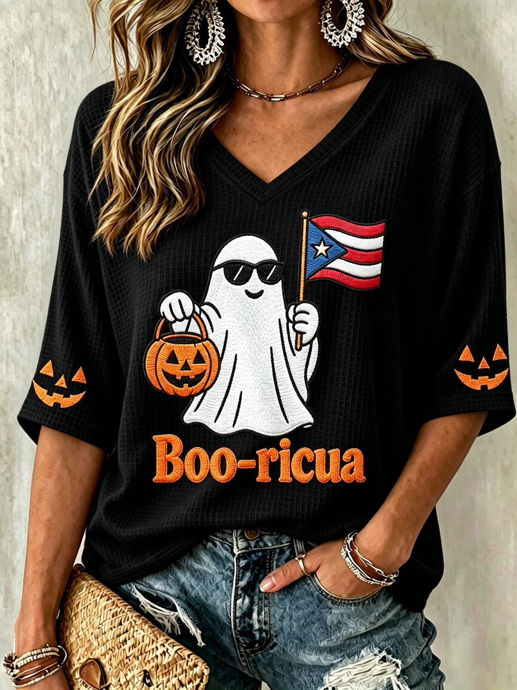 Women's Halloween In Puerto Rico Print Waffle-Knit Top