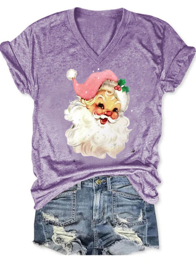 Christmas Retro Pink Santa Print T-Shirt