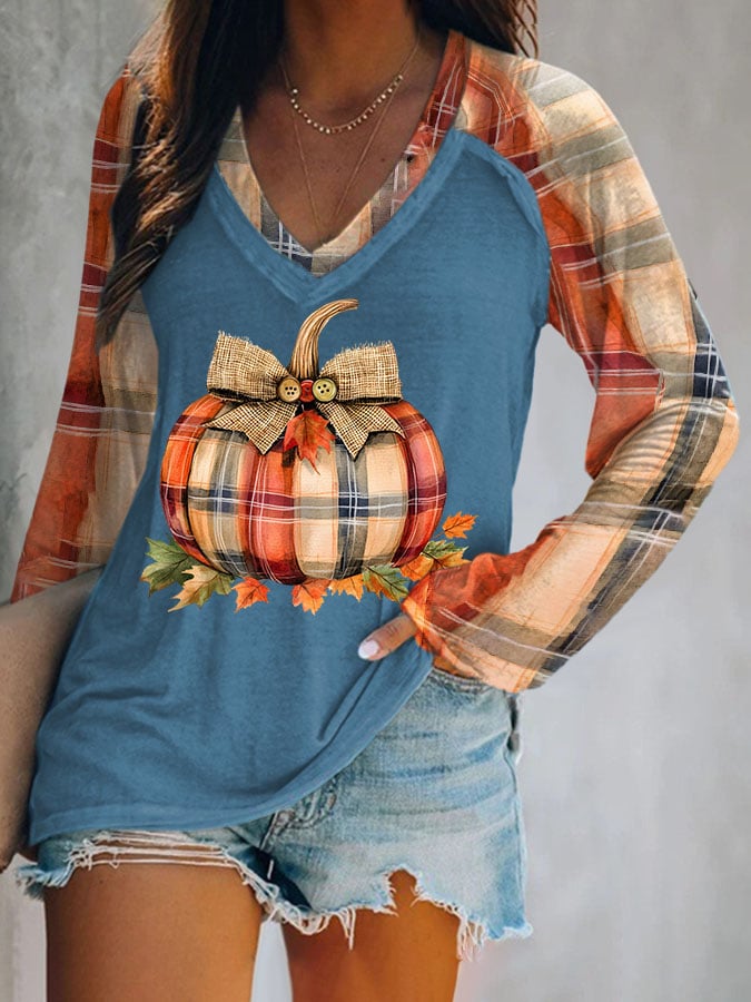 Women's Pumpkin Season Print Casual V-Neck Long-Sleeved T-Shirt