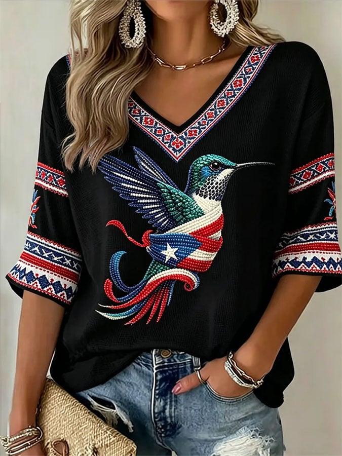 Women's Casual Printed Waffle Top