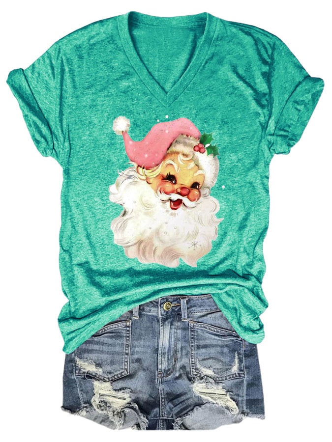 Christmas Retro Pink Santa Print T-Shirt