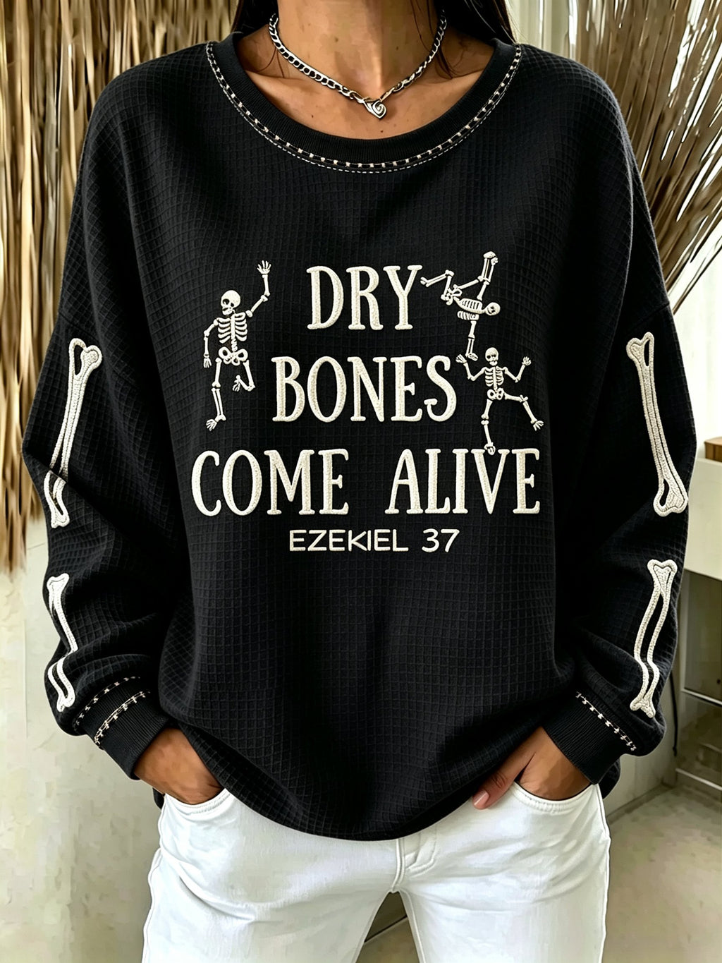 Women's Casual Printed Waffle Long-Sleeve Top