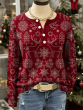Women's Christmas Print Knit Button Top