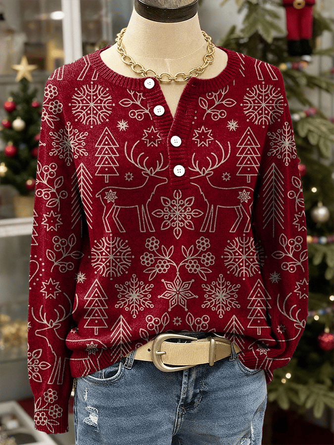 Women's Christmas Print Knit Button Top