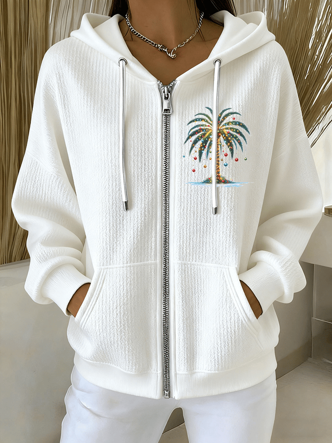 Women's Christmas Tree Print Casual Zip-Up Hooded Sweatshirt Jacket