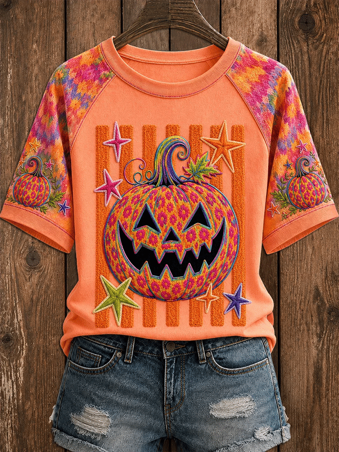 Women's Halloween Pumpkin Print Raglan Sleeve T-Shirt