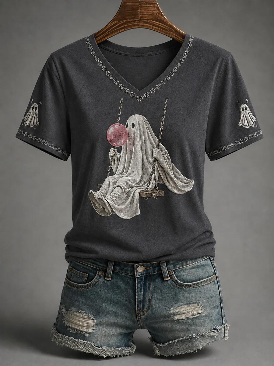 Women's Autumn Halloween Print Casual V-Neck T-Shirt