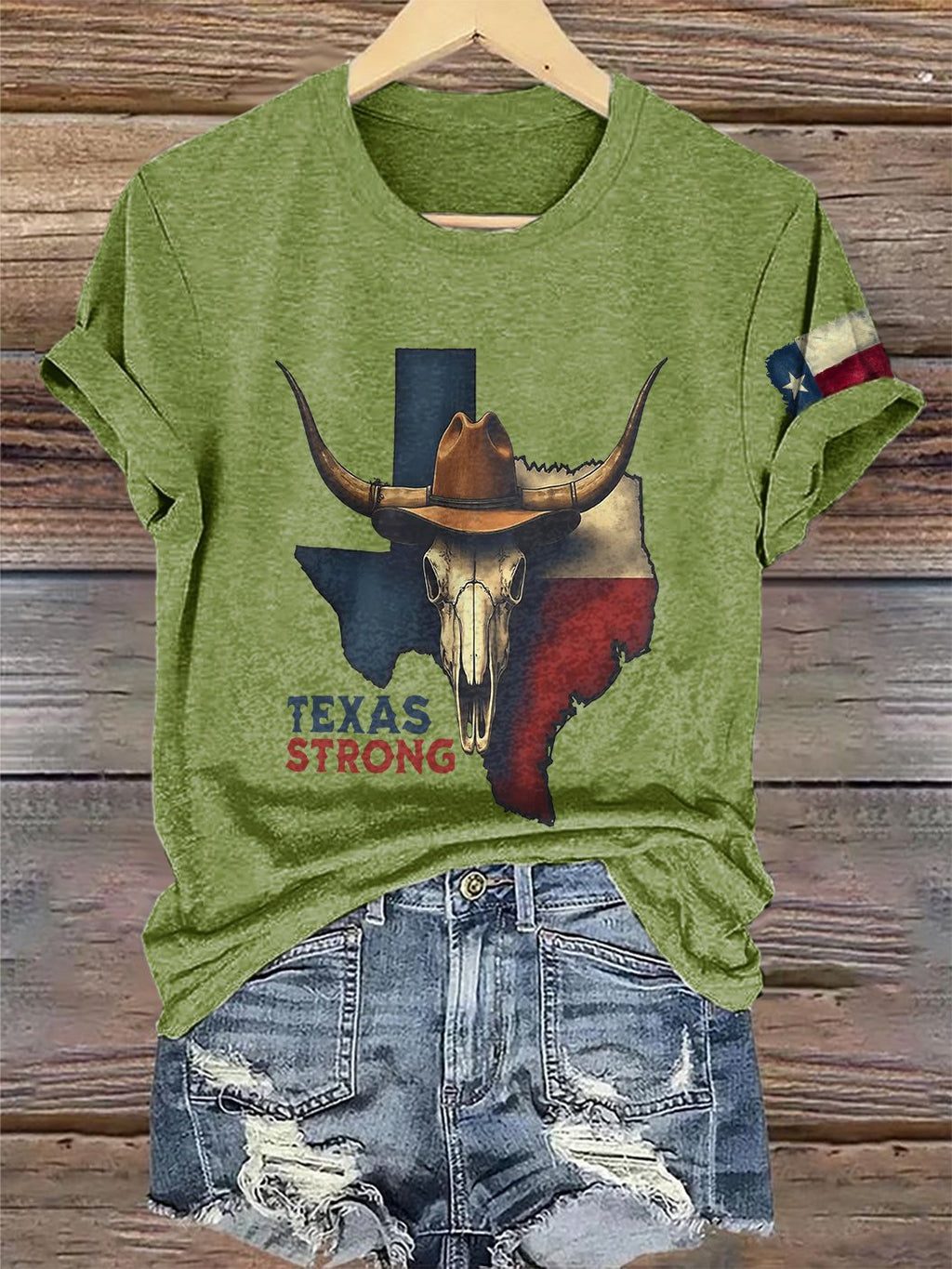 Retro Texas Strong Cow Skull Texas State Flag Print T-Shirt