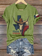 Retro Texas Strong Cow Skull Texas State Flag Print T-Shirt