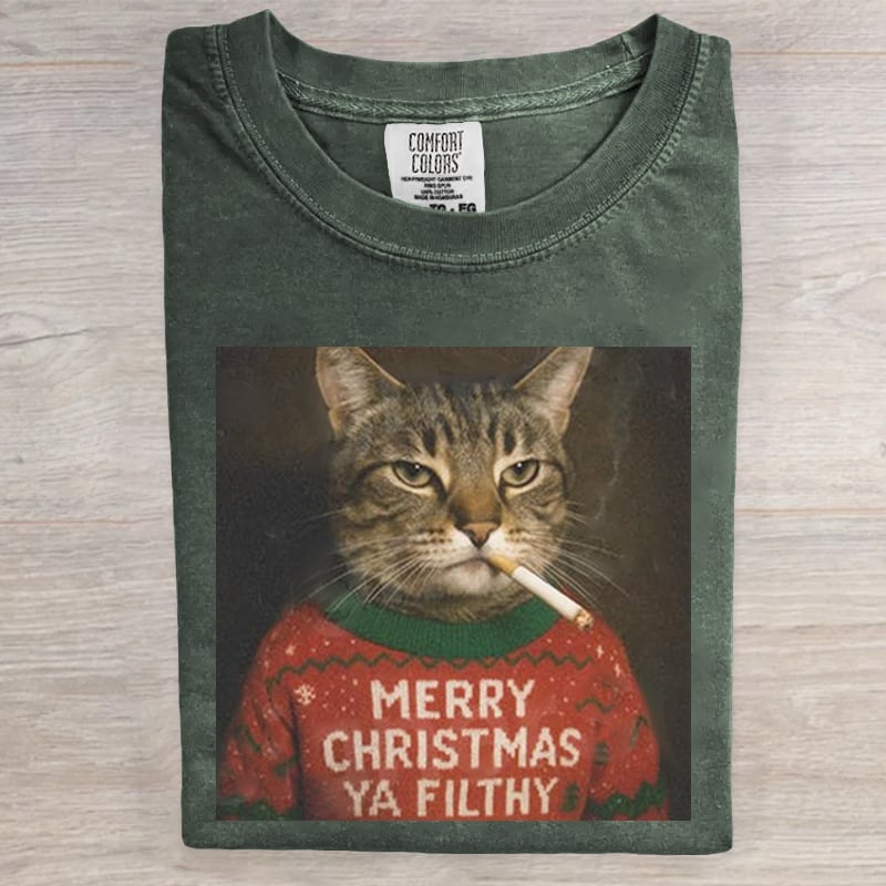 Funny Smoking Cat Christmas Art Print T-Shirt
