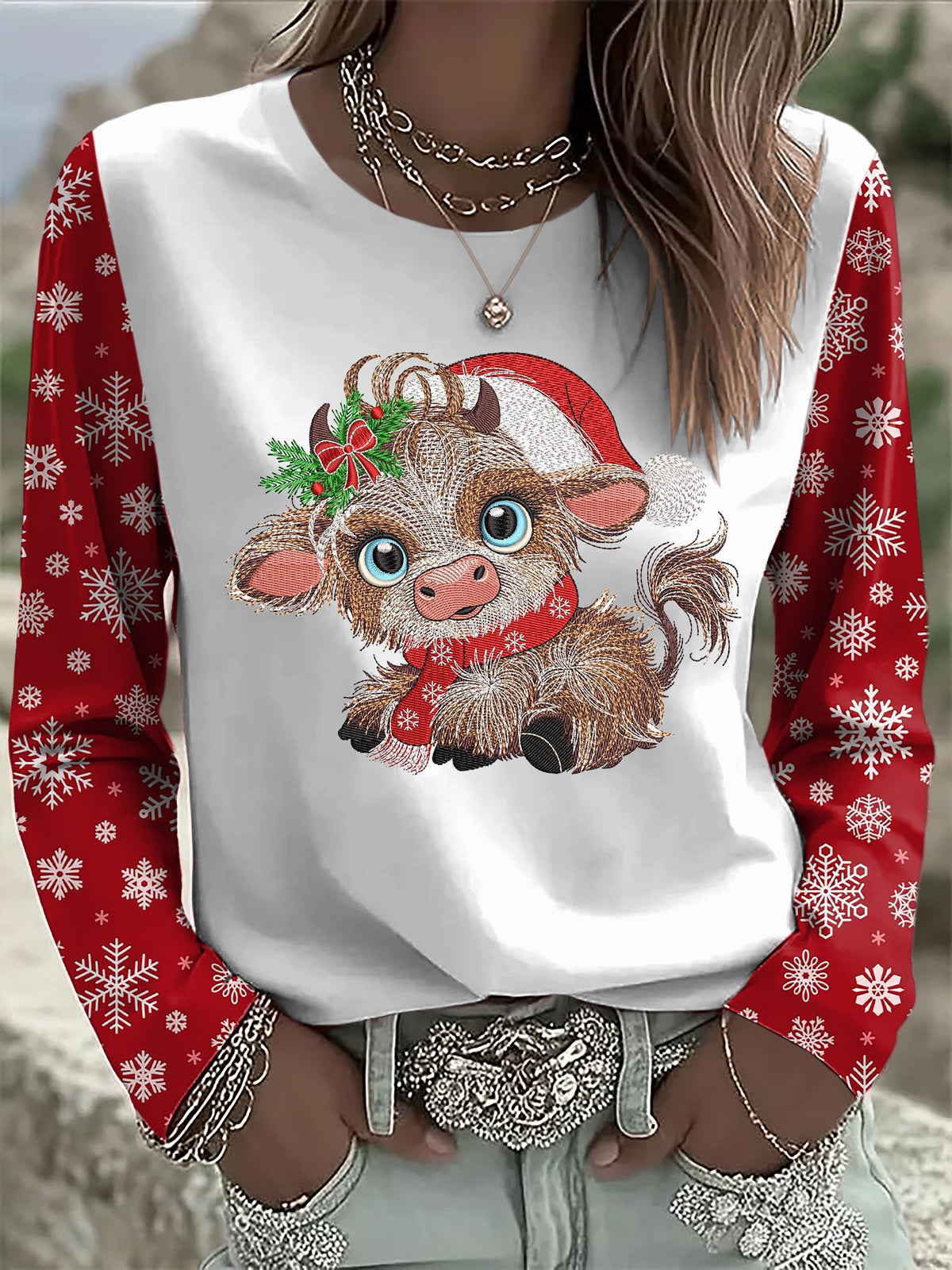 Women's casual Christmas highland yak long-sleeved T-shirt