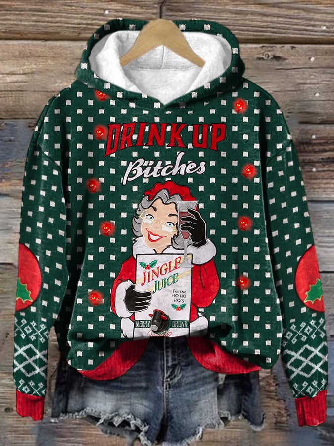 Women'S Retro Drink Up Bitches Christmas Print Hoodie