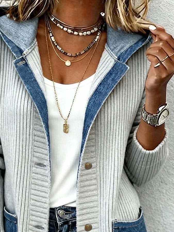 Women'S Casual Denim Contrast Color Stitching Hooded Jacket