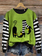 Women's Witch And Cat Print Crew Neck Sweatshirt