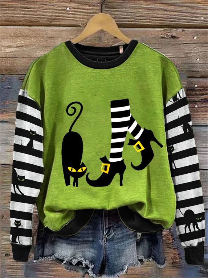 Women's Witch And Cat Print Crew Neck Sweatshirt