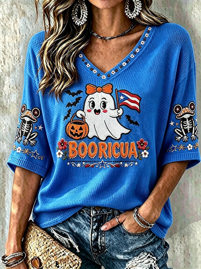 Women's Halloween In Puerto Rico Print Waffle-Knit Top