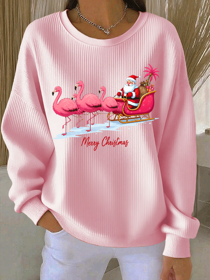 Women's Christmas Flamingo Print Knitted Crew Neck Long Sleeve Top