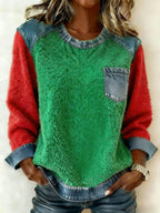 Women'S Casual Round Neck Denim Patchwork Pullover Sweatshirt