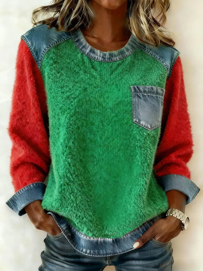Women'S Casual Round Neck Denim Patchwork Pullover Sweatshirt