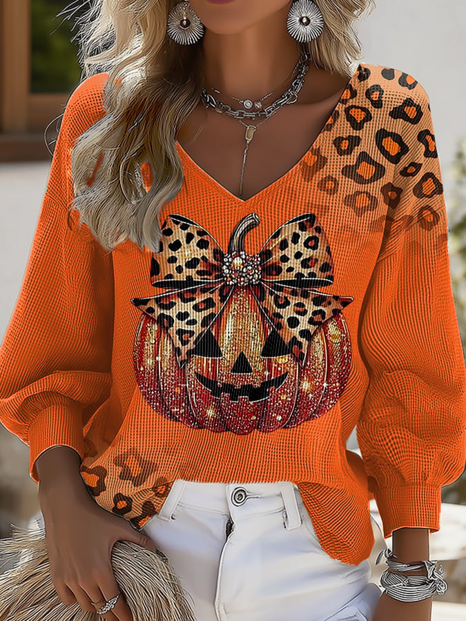 Women's Casual Autumn Leopard Print Pumpkin Waffle V-Neck Puff Sleeve Long Sleeve T-Shirt