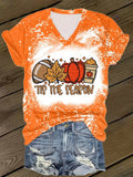 Women's Casual Autumn Pumpkin Maple Leaves TIS THE SEASON Print V-Neck T-Shirt