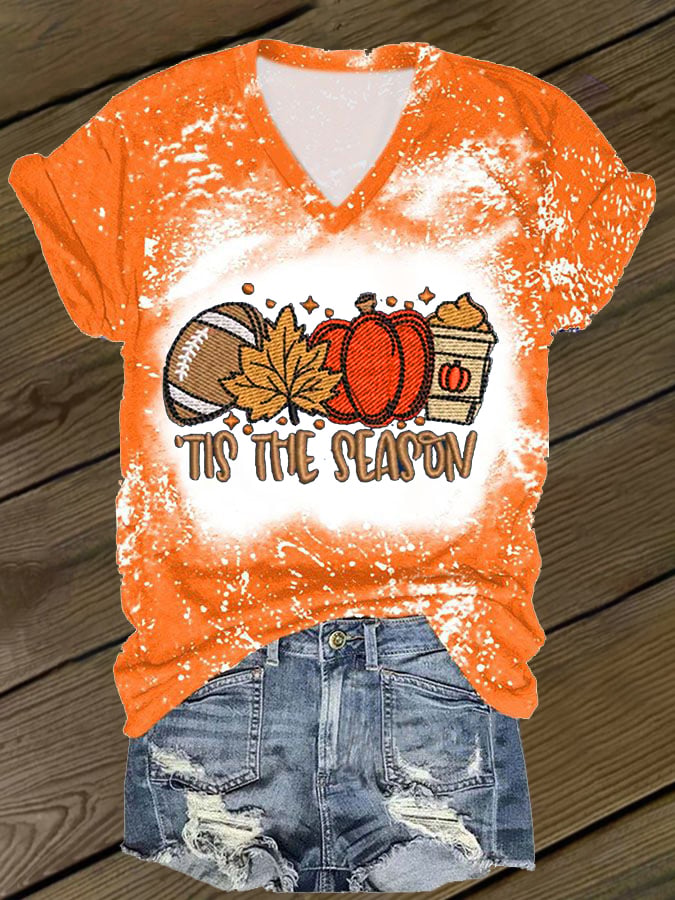 Women's Casual Autumn Pumpkin Maple Leaves TIS THE SEASON Print V-Neck T-Shirt