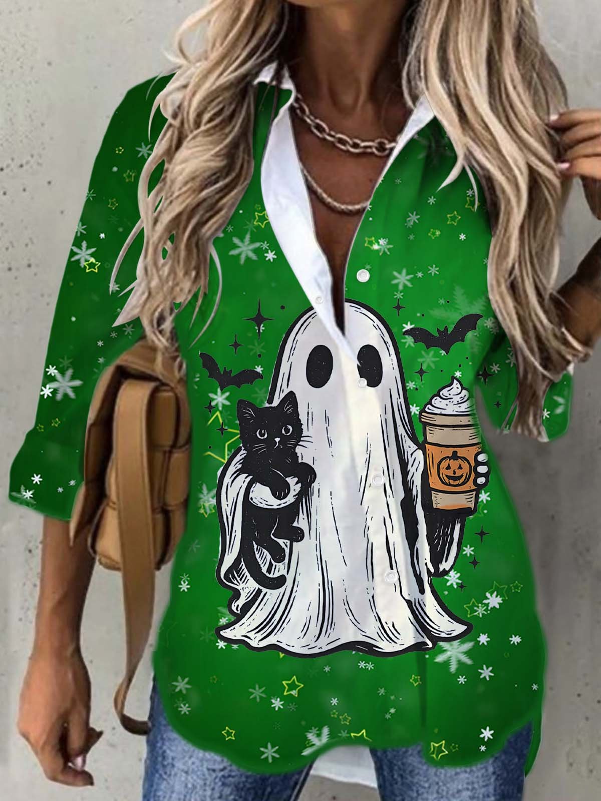 Women's Cat Ghost Coffee Halloween Printed Casual Shirt