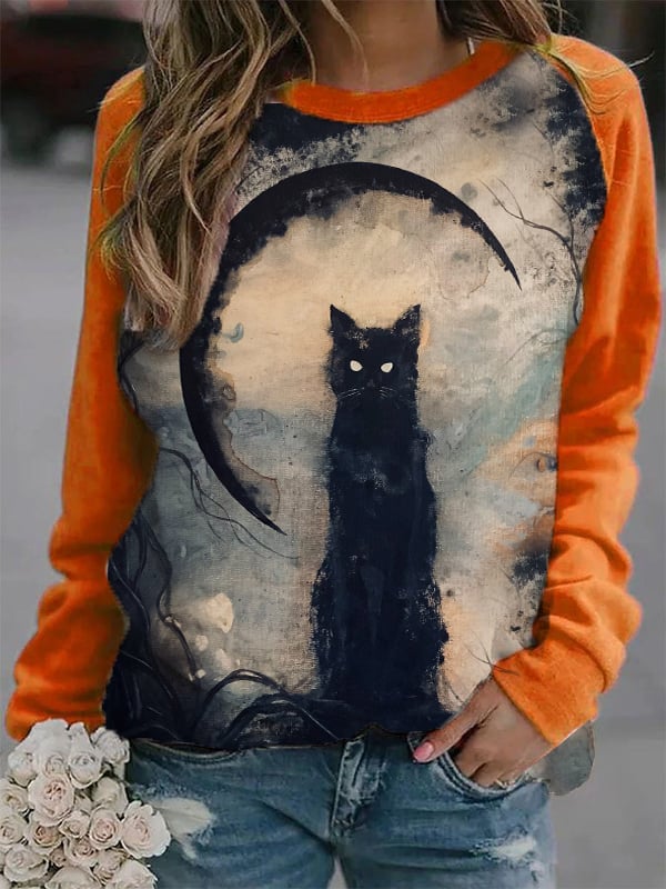 Fashionable Halloween Art Cat Print Women'S Color Contrast Top