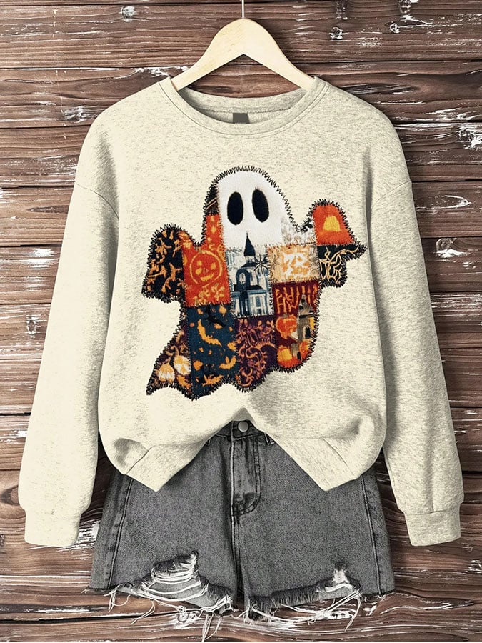 Women's Halloween Ghost Print Crew Neck Sweatshirt