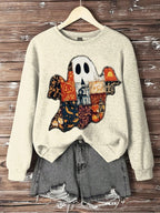 Women's Halloween Ghost Print Crew Neck Sweatshirt