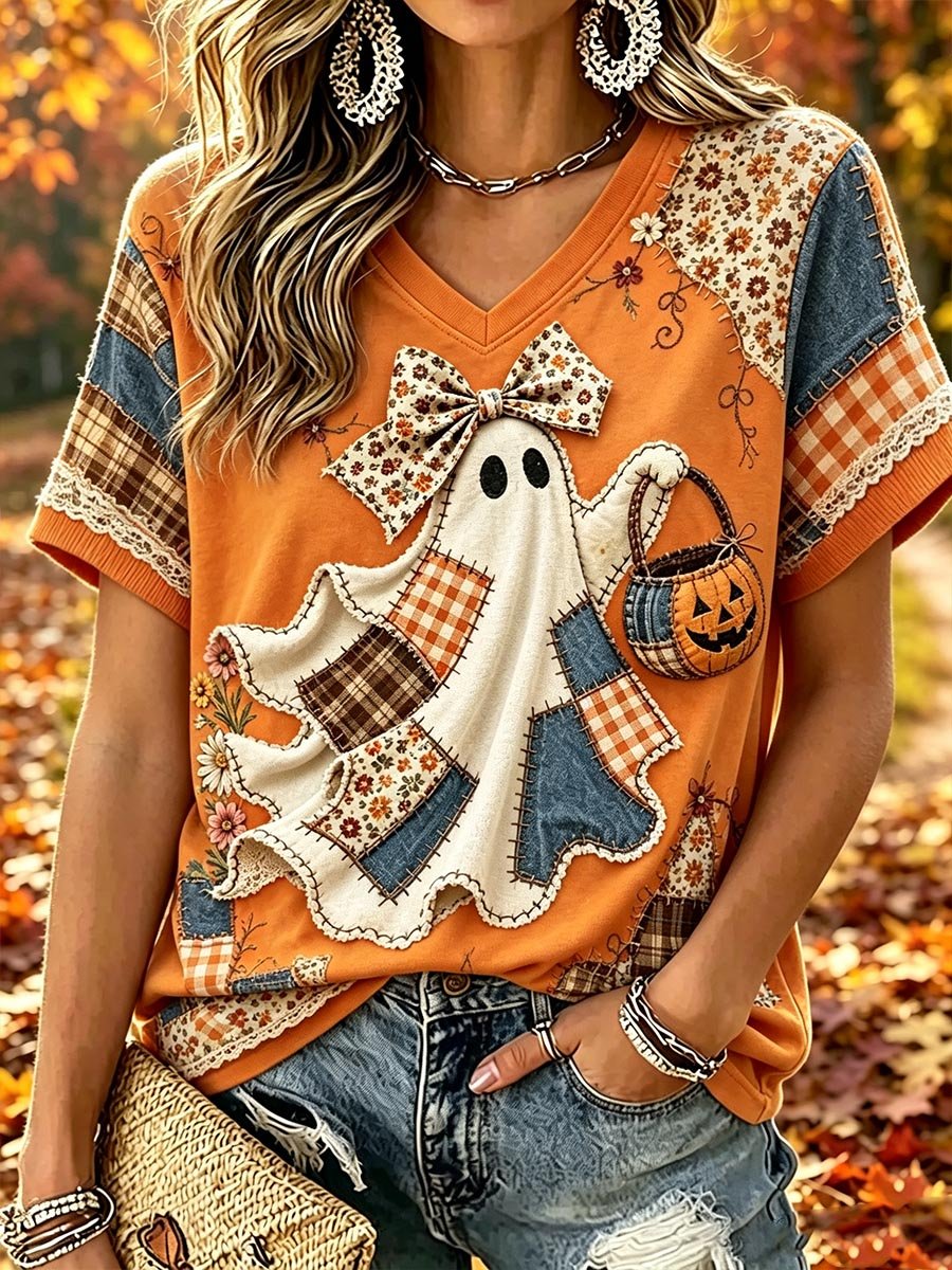 Women's Retro Plaid Patchwork Ghost Halloween Color-Block Casual Top