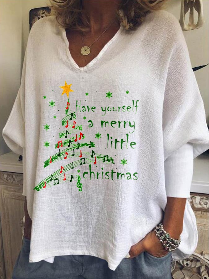V-neck Cotton And Linen Have Yourself a Merry Little Christmas T-shirt