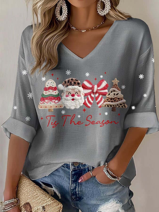 Women's casual Christmas season waffle T-shirt