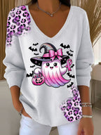 Women's Casual Pierced Breast Cancer Ghost Leopard Print Long Sleeve T-Shirt