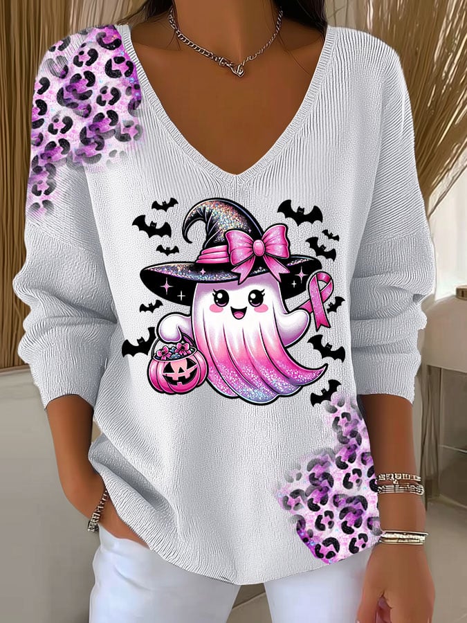Women's Casual Pierced Breast Cancer Ghost Leopard Print Long Sleeve T-Shirt