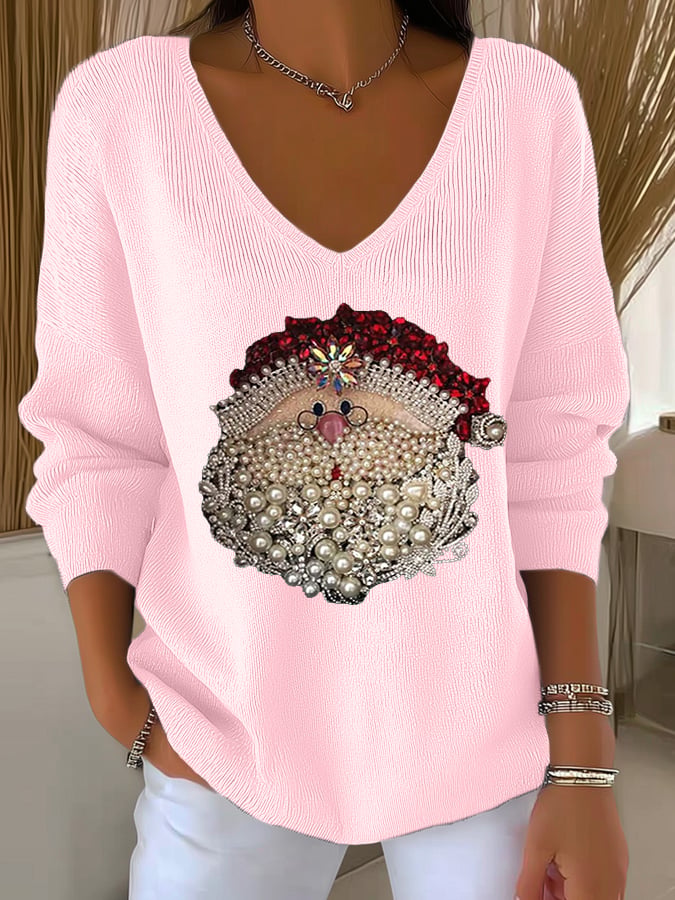 Women's Santa Claus Head Print Knit Top
