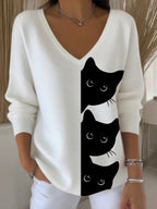 Women's Autumn Cute Three Little Black Cats Printed Casual Top