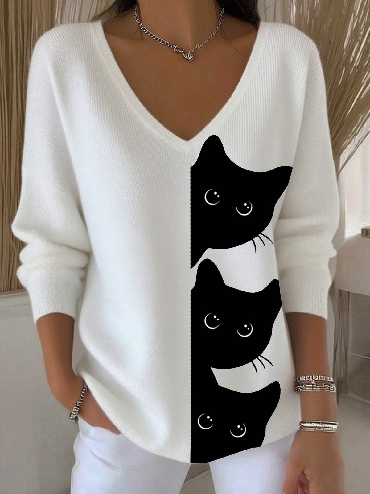 Women's Autumn Cute Three Little Black Cats Printed Casual Top